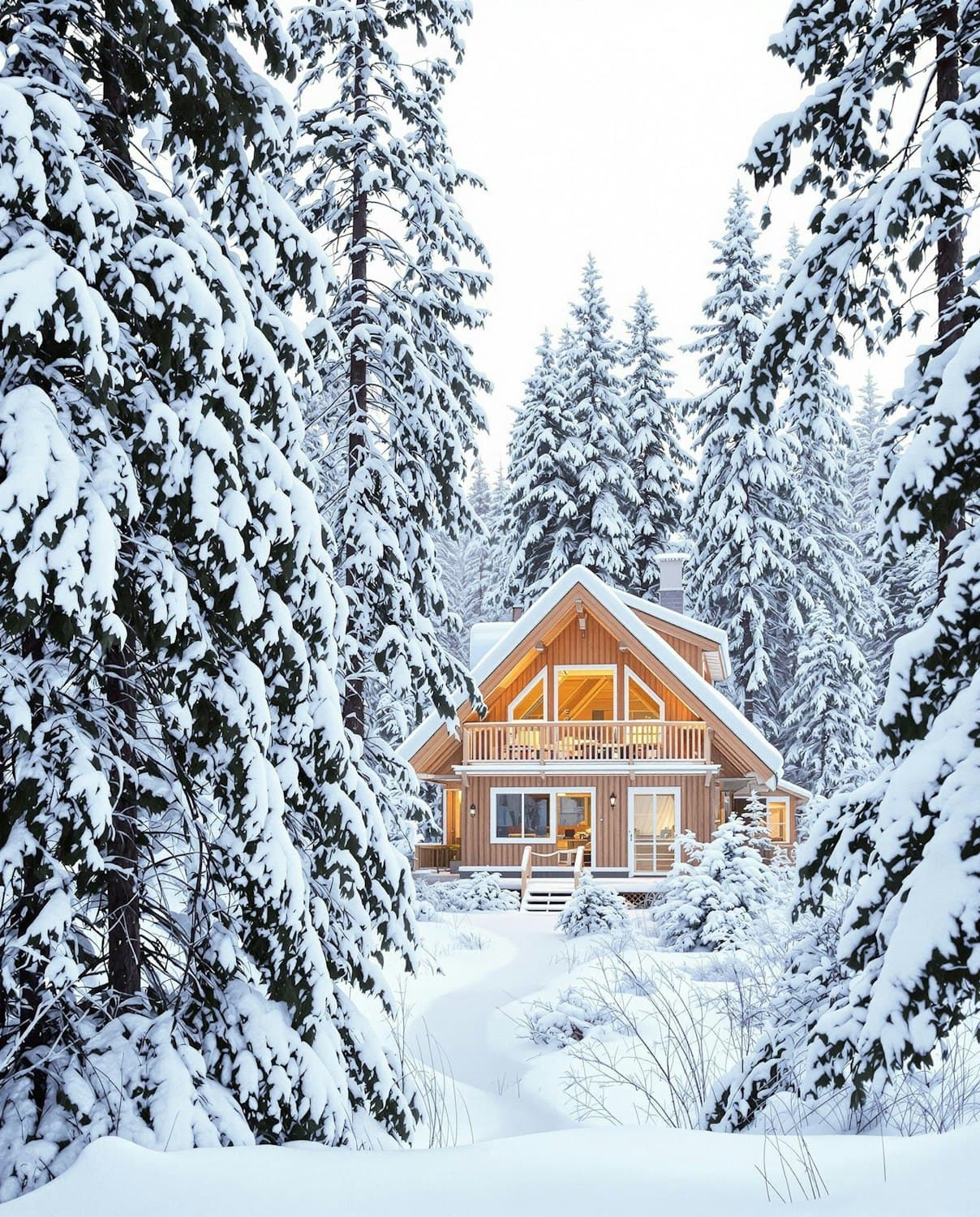 Holzhaus im verschneiten Wald mit warm erleuchteten Fenstern
