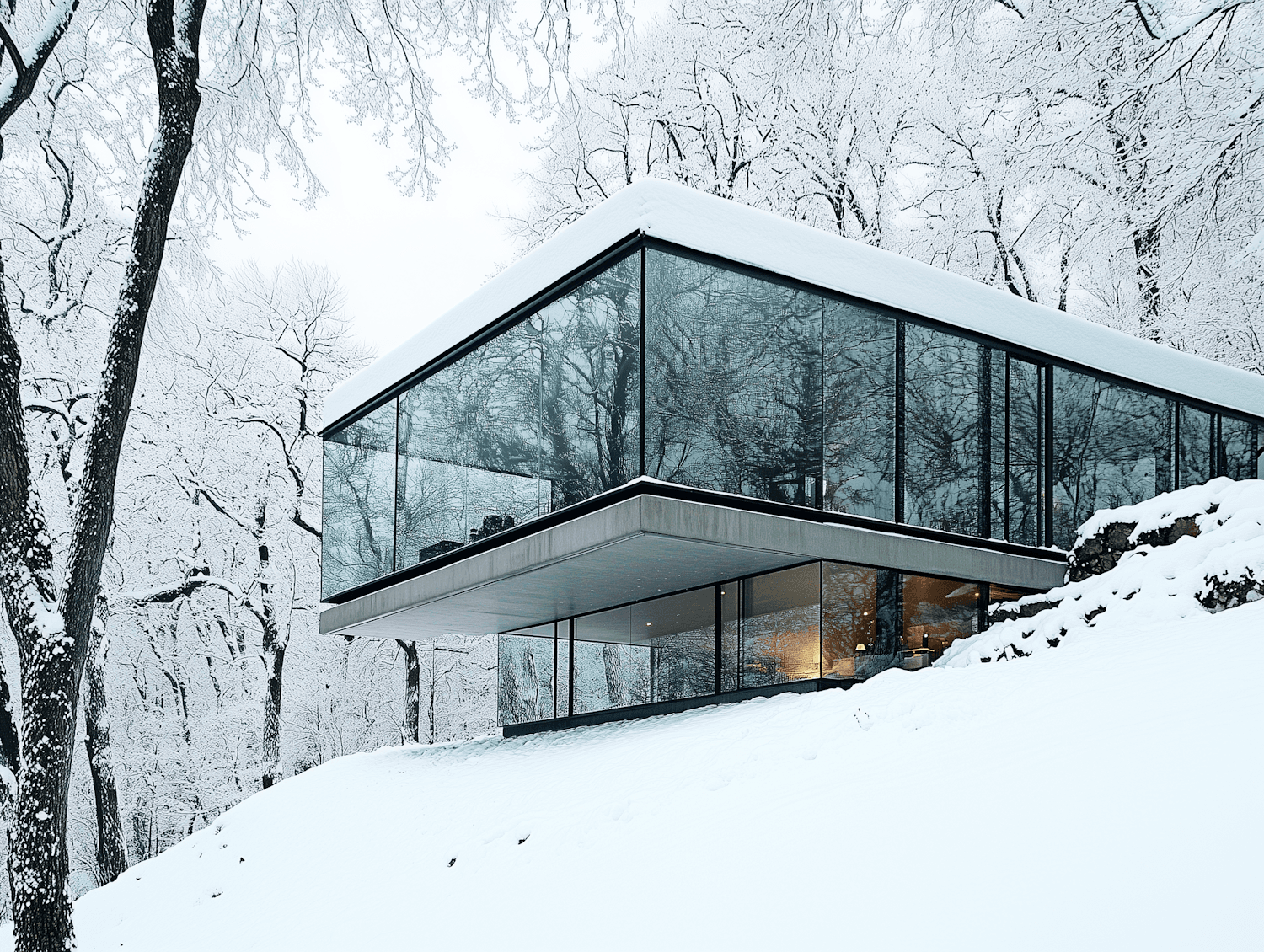 Modernes Ferienhaus mit großen Glasfronten im verschneiten Wald