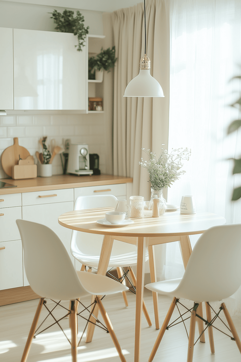 Skandinavische Küche mit rundem Holztisch und weißen Stühlen
