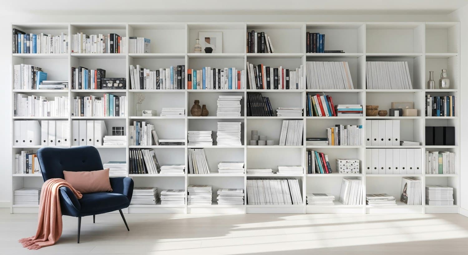 Sessel mit Decke vor einer weißen Bücherwand