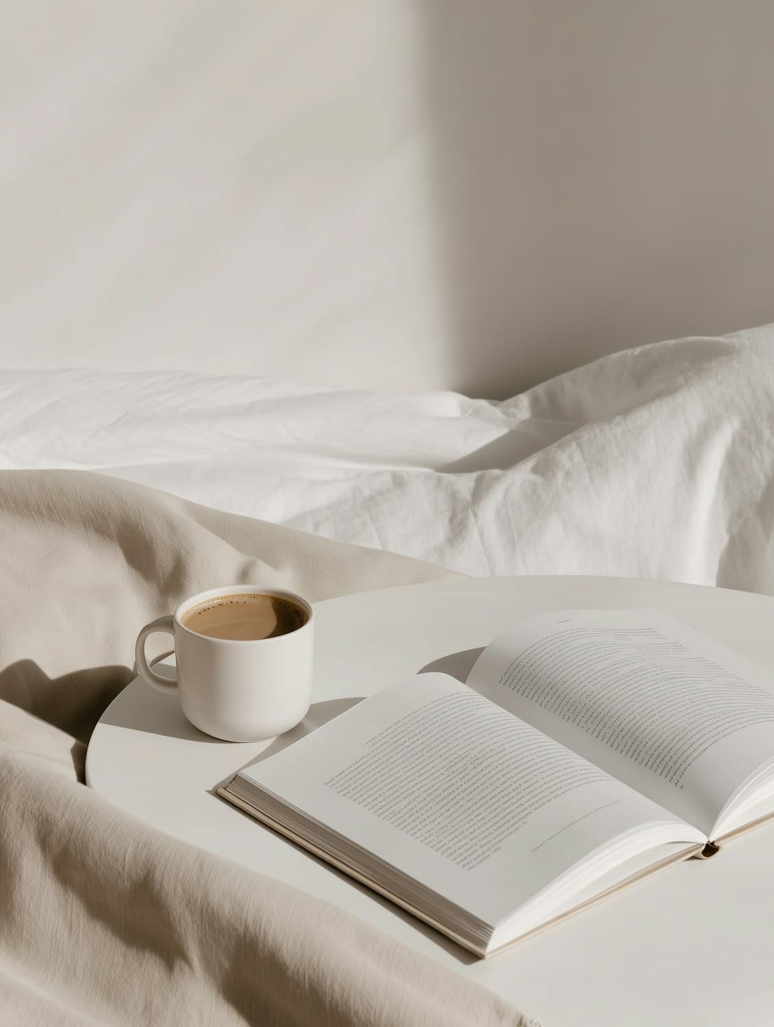 Kaffeetasse und aufgeschlagenes Buch auf einem weißen Tisch vor Leinenbettwäsche