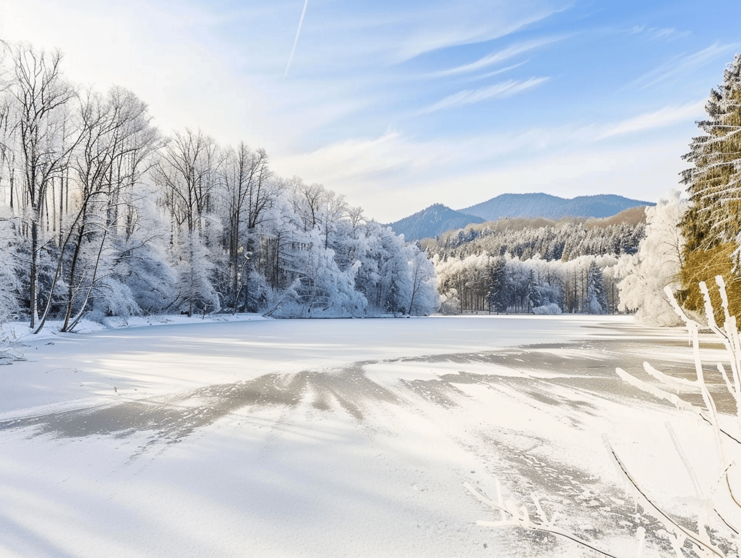 Zugefrorener See mit verschneitem Wald und Bergen im Hintergrund