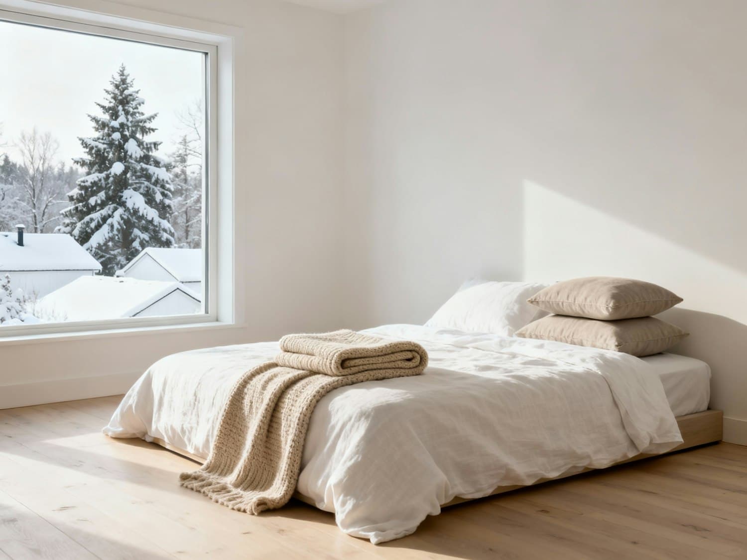 Schlafzimmer mit Leinenbettwäsche, Strickdecke und Blick auf verschneite Bäume