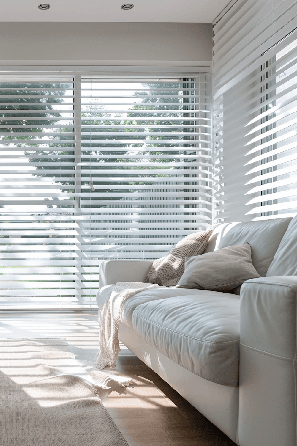 Helles Wohnzimmer mit weißem Sofa, Kissen und großen Fenstern